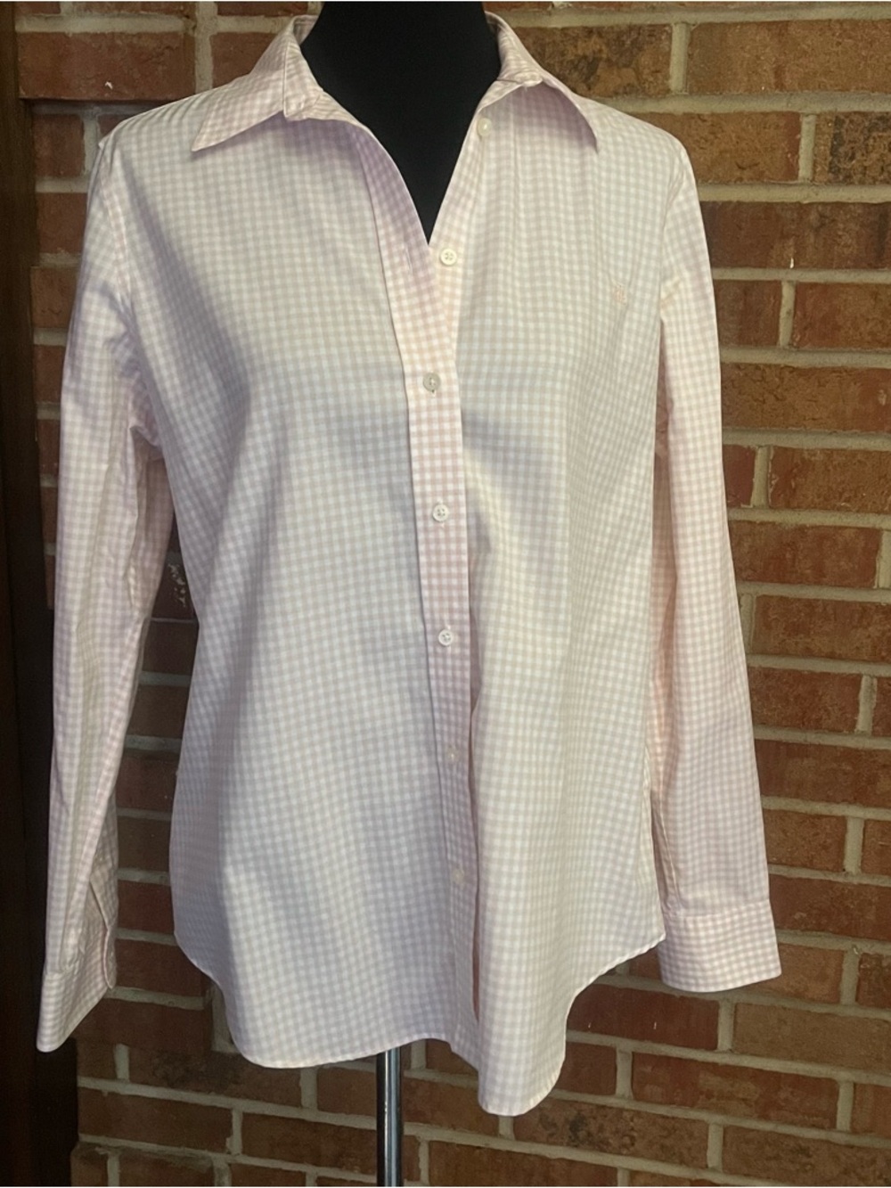 Lauren Ralph Lauren Women L Long Sleeve Button Down Peach White Gingham No Iron